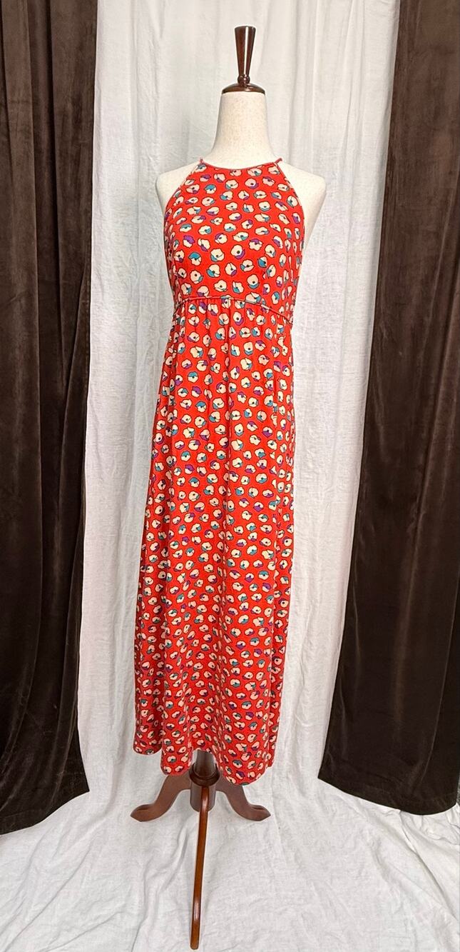 Vintage 1970s I. Magnin Halter Maxi Dress Red Abstract Print Resort
